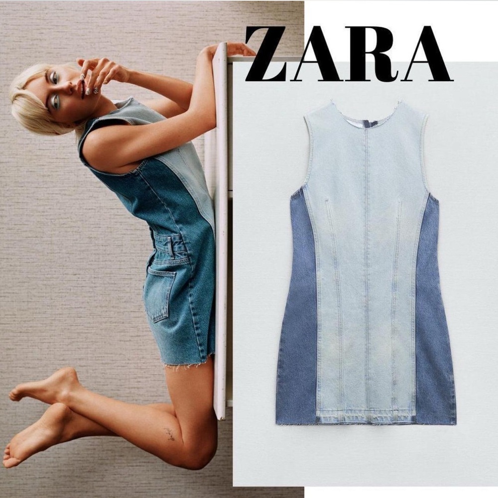 Zara Two-Tone Patchwork Denim Mini Dress. Size XS. Raw hem style